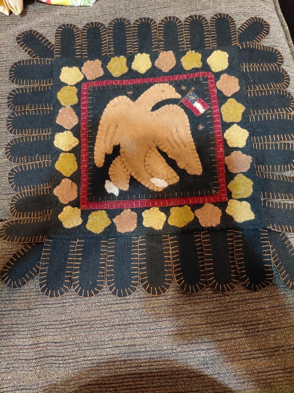 Folk Art Eagle Wool Hooked Pillow Cover in Black, Tan & Mustard